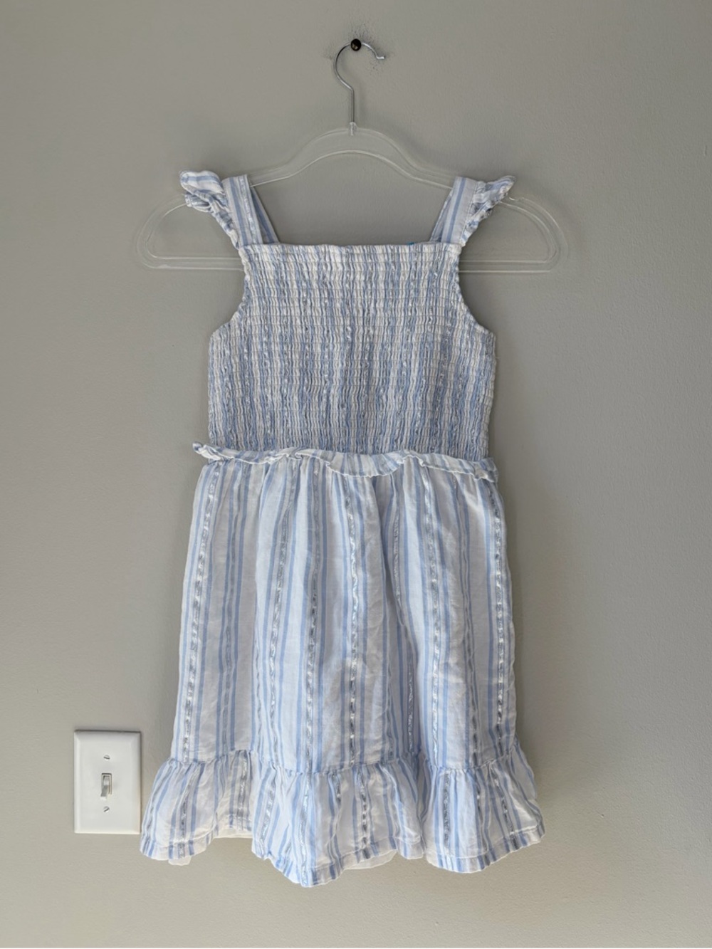 Draper James Blue White Silver Metallic Striped Smocked Dress